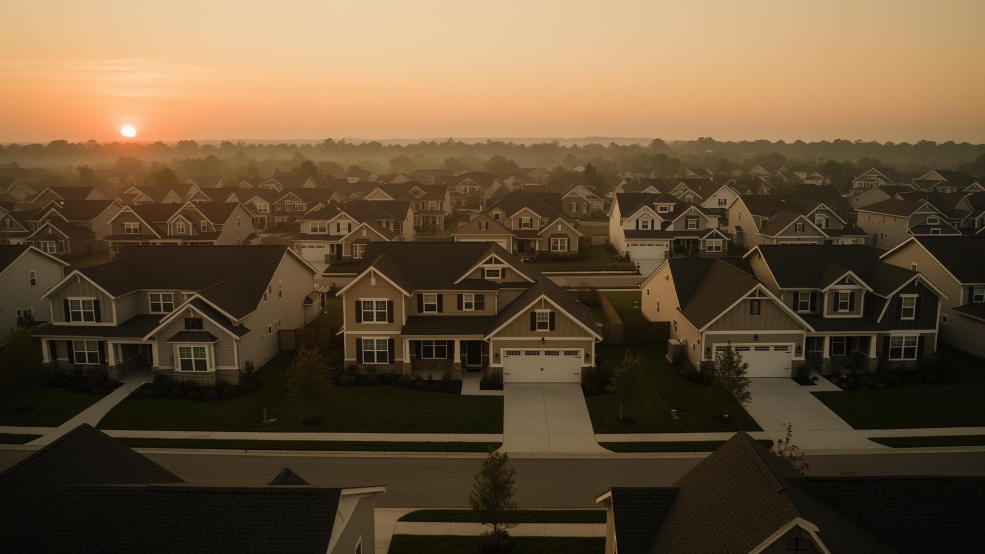 Aerial view of a residential community at sunset
